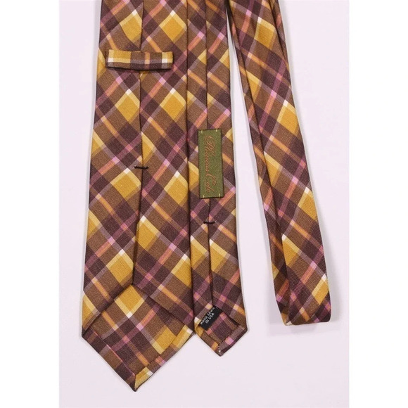 Phineas Cole Gold/Brown Plaid Slim Silk Necktie Tie - Picture 4 of 6